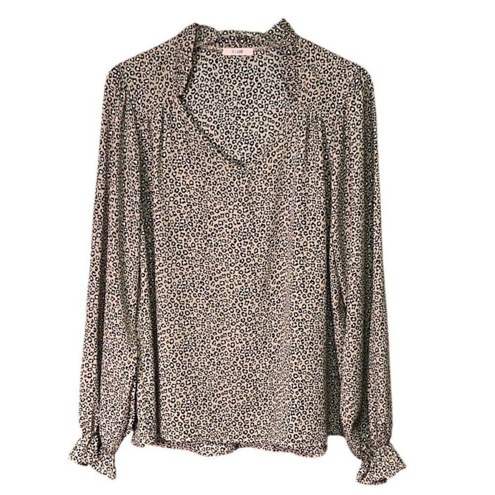 P.S. Love Leopard Print Ruffle Trim Blouse Beige Black Size Large